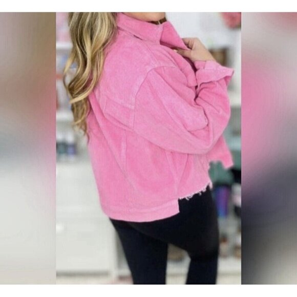 Pol Barbie Pink Wide Wale Corduroy Jacket Distressed Frayed Hem Size M Button Up - Picture 2 of 15